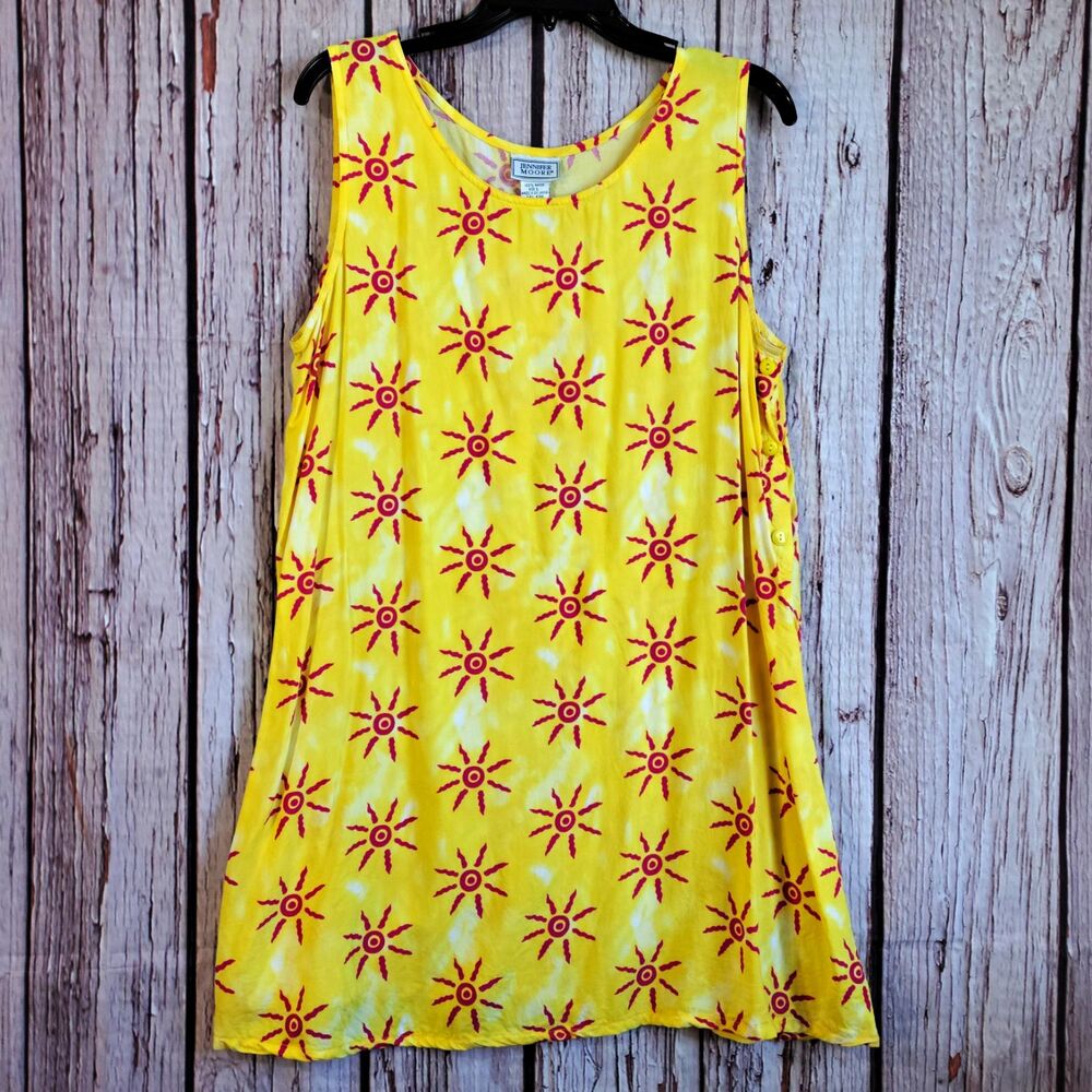 Jennifer Moore Sun Print Yellow Pink Shift Dress Scoop Neck Pockets Rayon L VTG